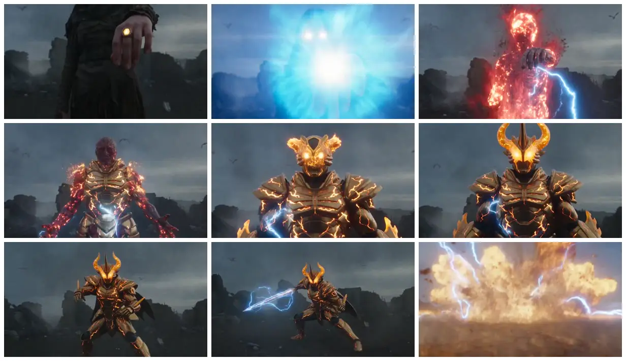 Nine frames from across Gold-horned warrior in ruined wasteland