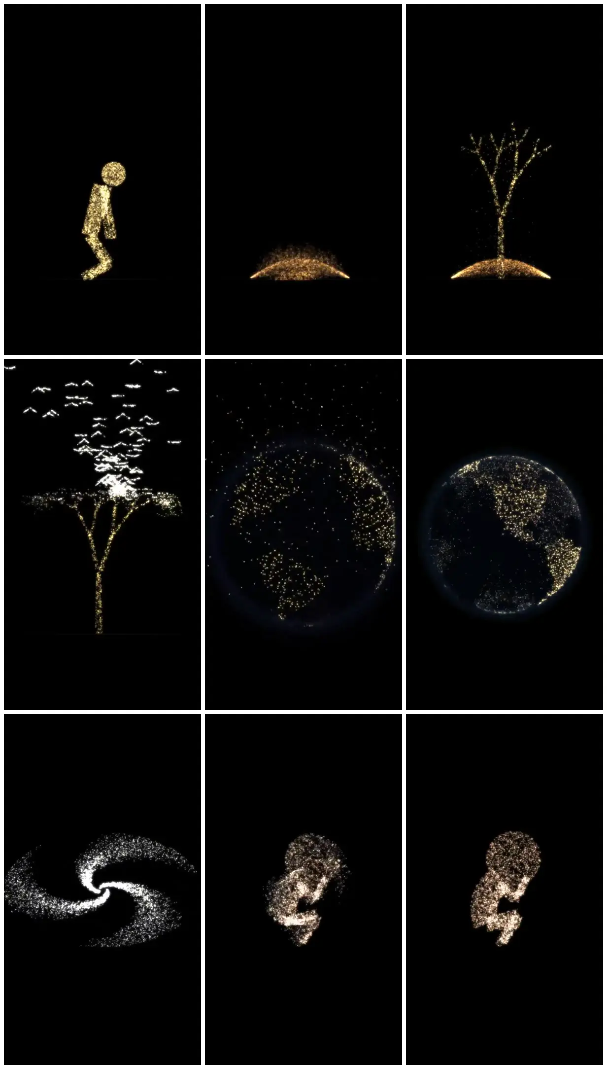 Nine frames from across Gold particles trace a cycle of life