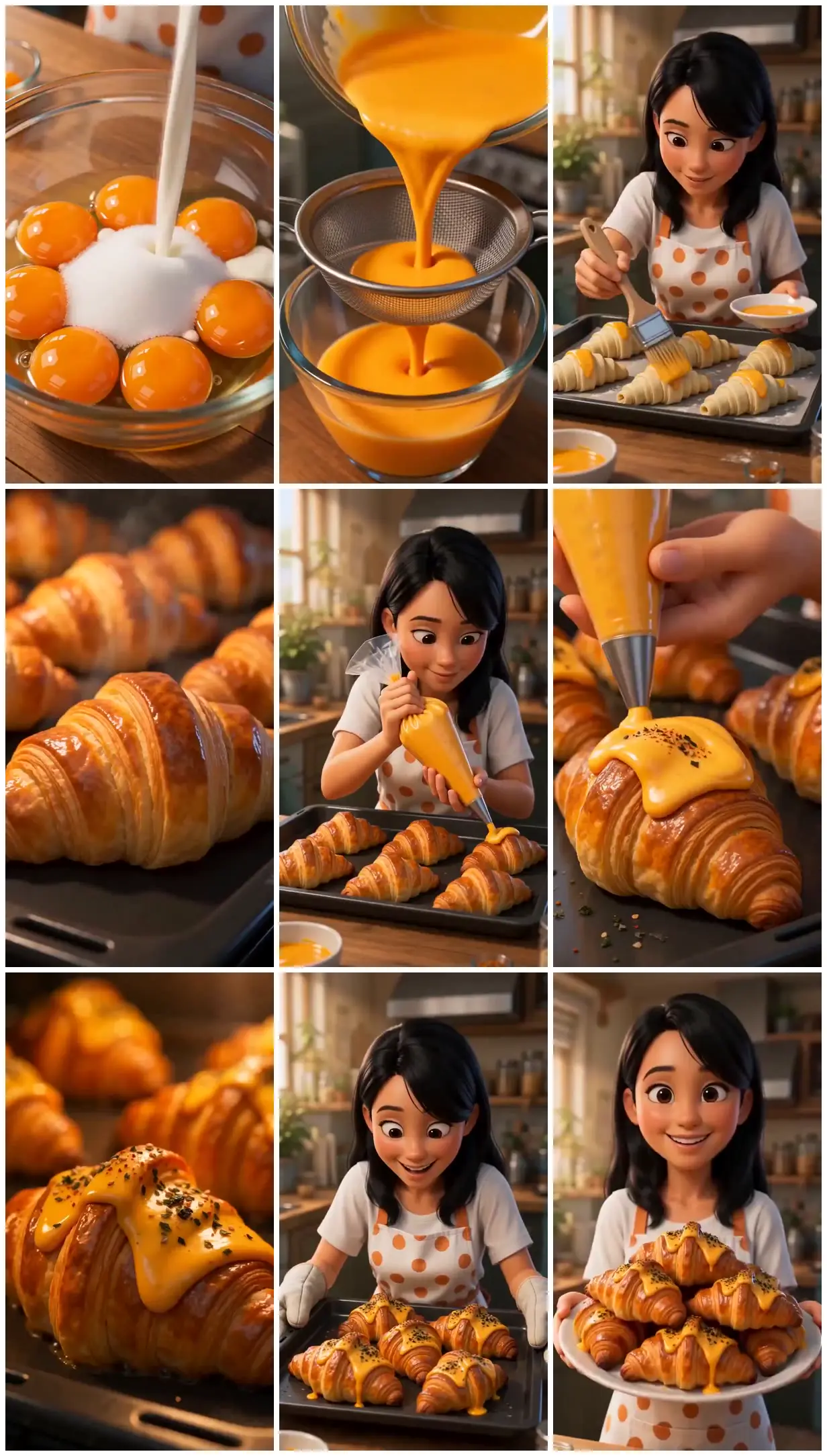 Nine frames from across Golden croissants in a cozy bakery