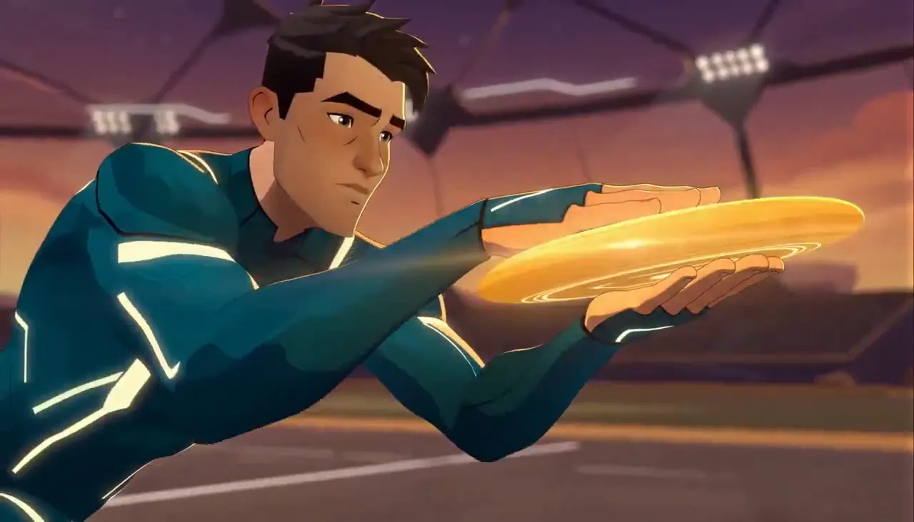 Frame from Golden disc in a futuristic arena
