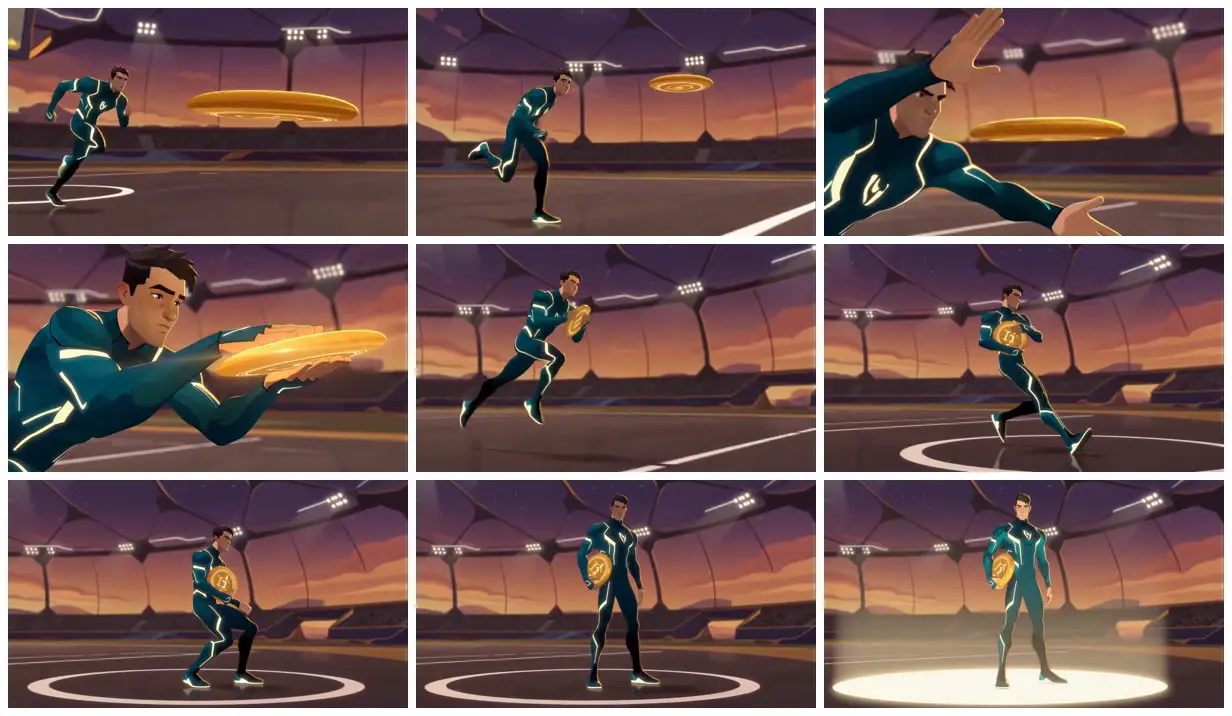 Nine frames from across Golden disc in a futuristic arena