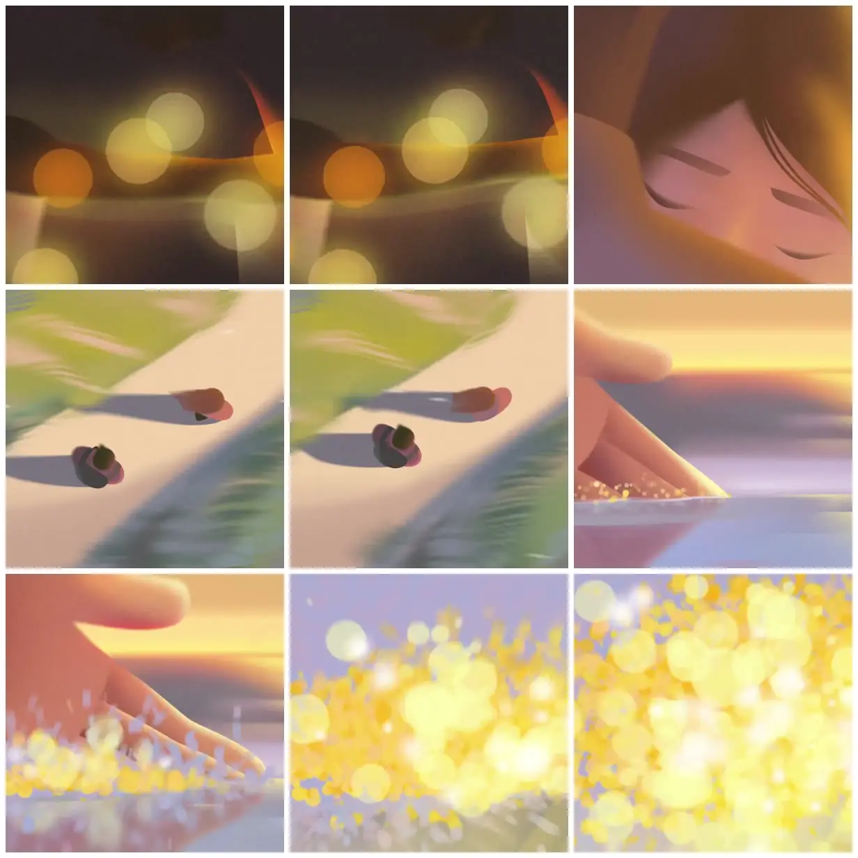 Nine frames from across Golden light and everyday joy