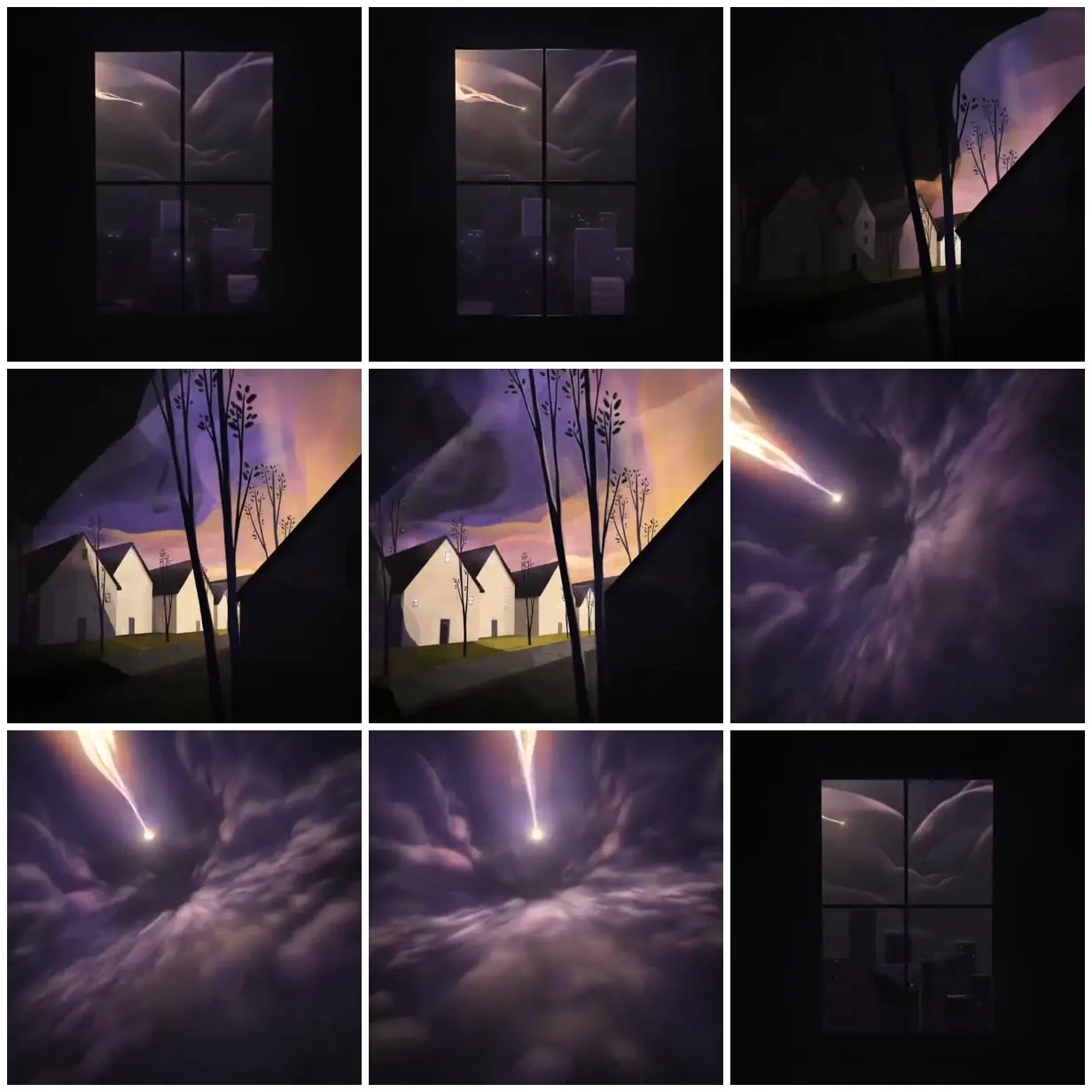 Nine frames from across Golden light over a village