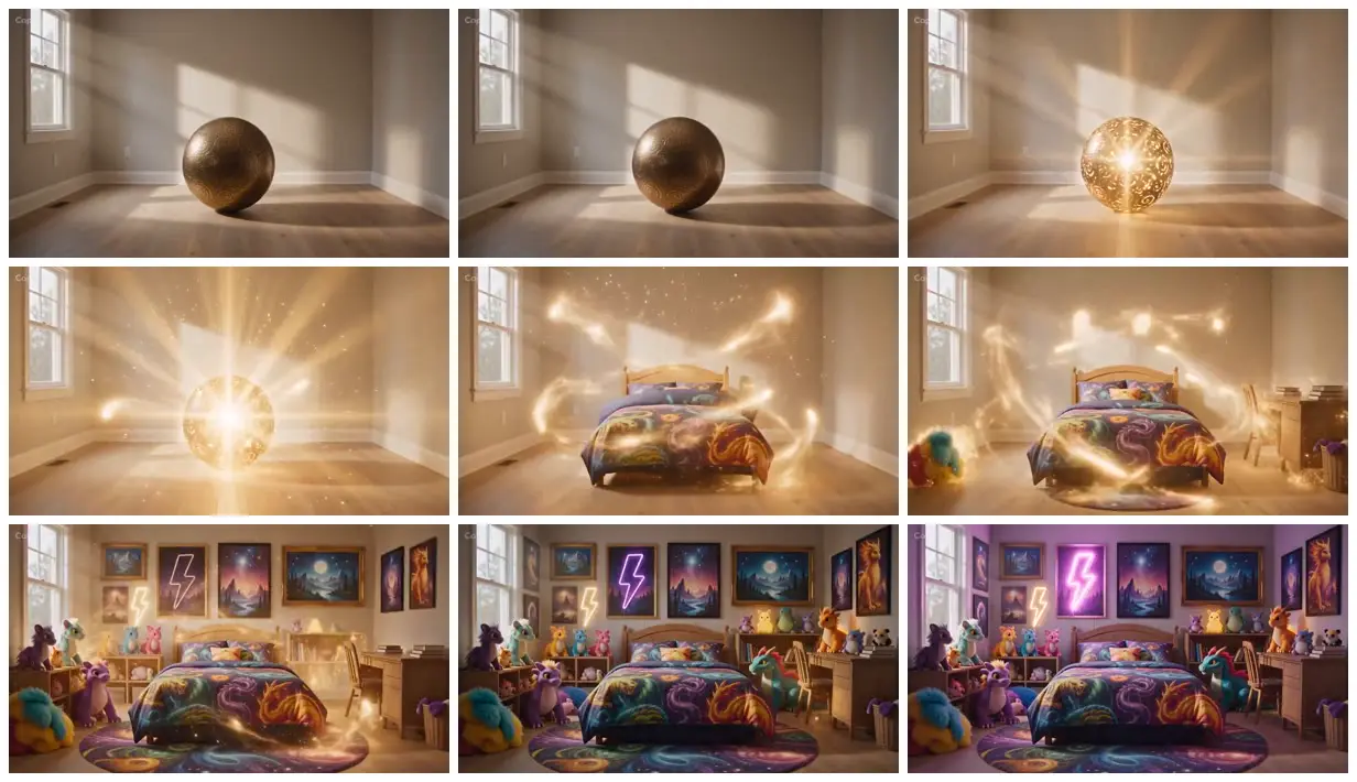 Nine frames from across Golden orb and creature-themed bedroom
