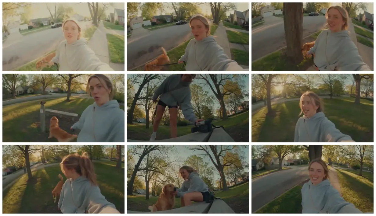 Nine frames from across Golden retriever walk in warm sunlight