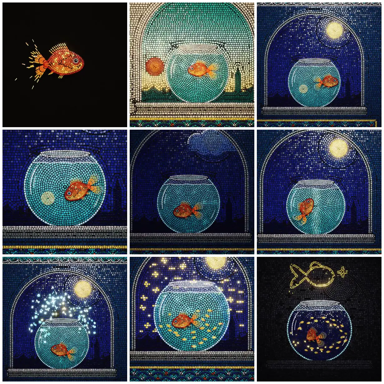 Nine frames from across Goldfish in a glass-tile night