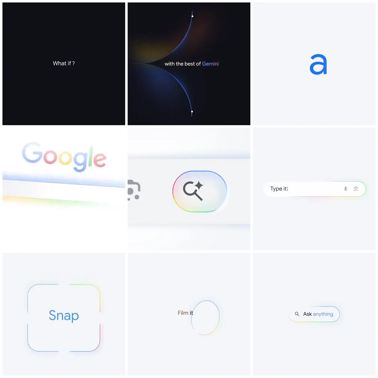 Nine frames from across Google search icons and rainbow outlines
