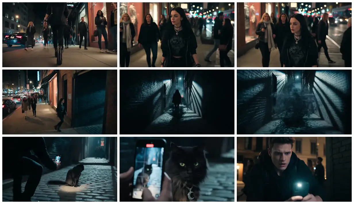 Nine frames from across Gothic woman and the crescent cat