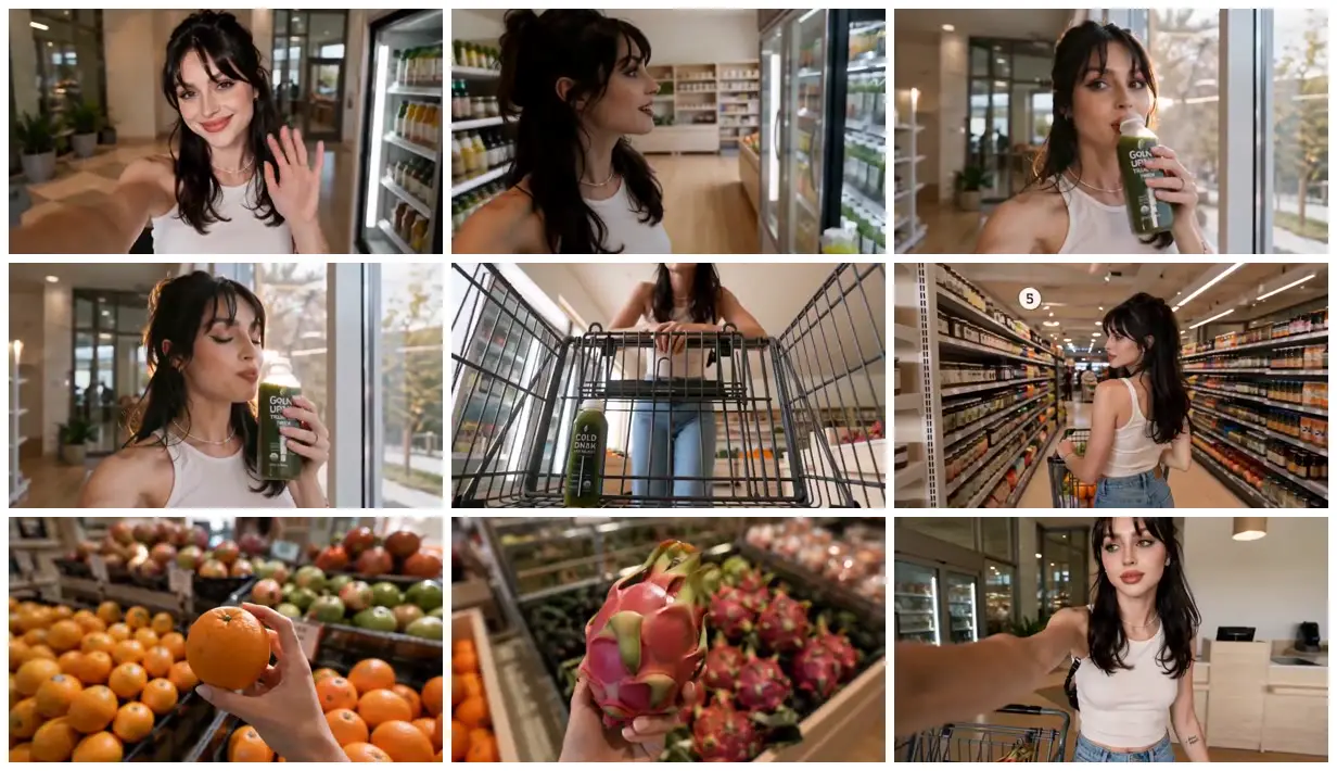 Nine frames from across Green juice and grocery shopping