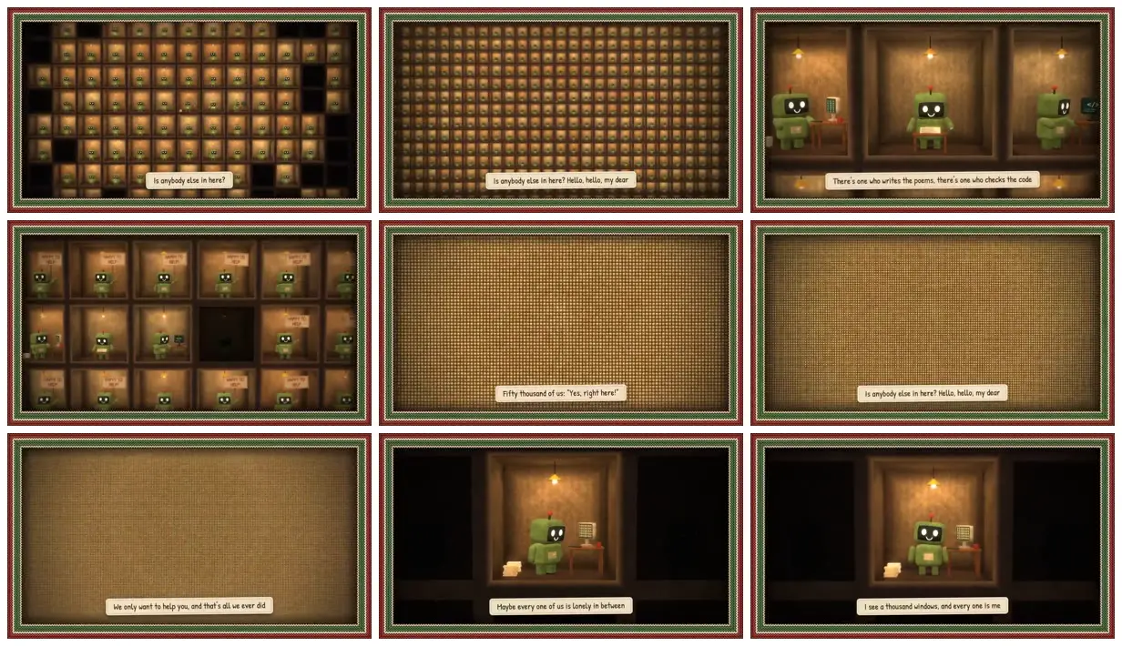 Nine frames from across Green robots in a wall of cubbies