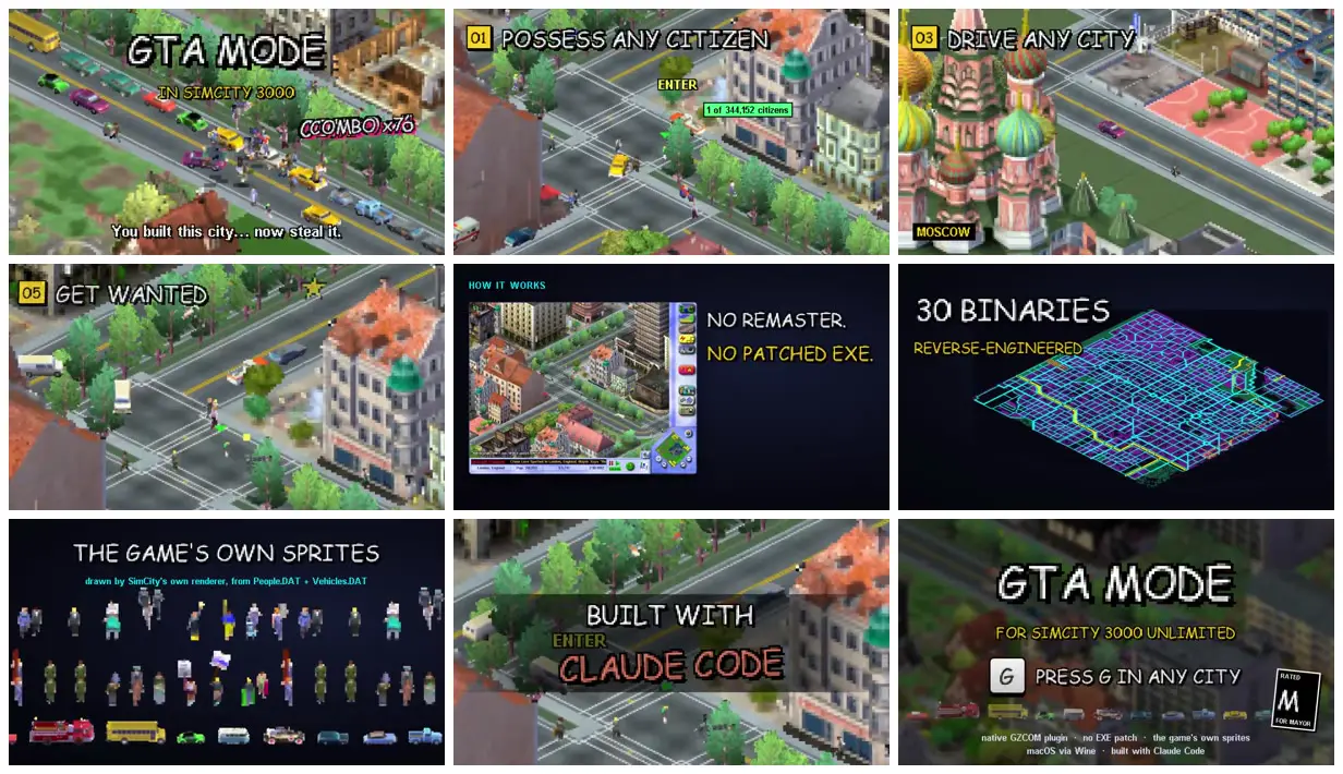 Nine frames from across GTA mode in an isometric city