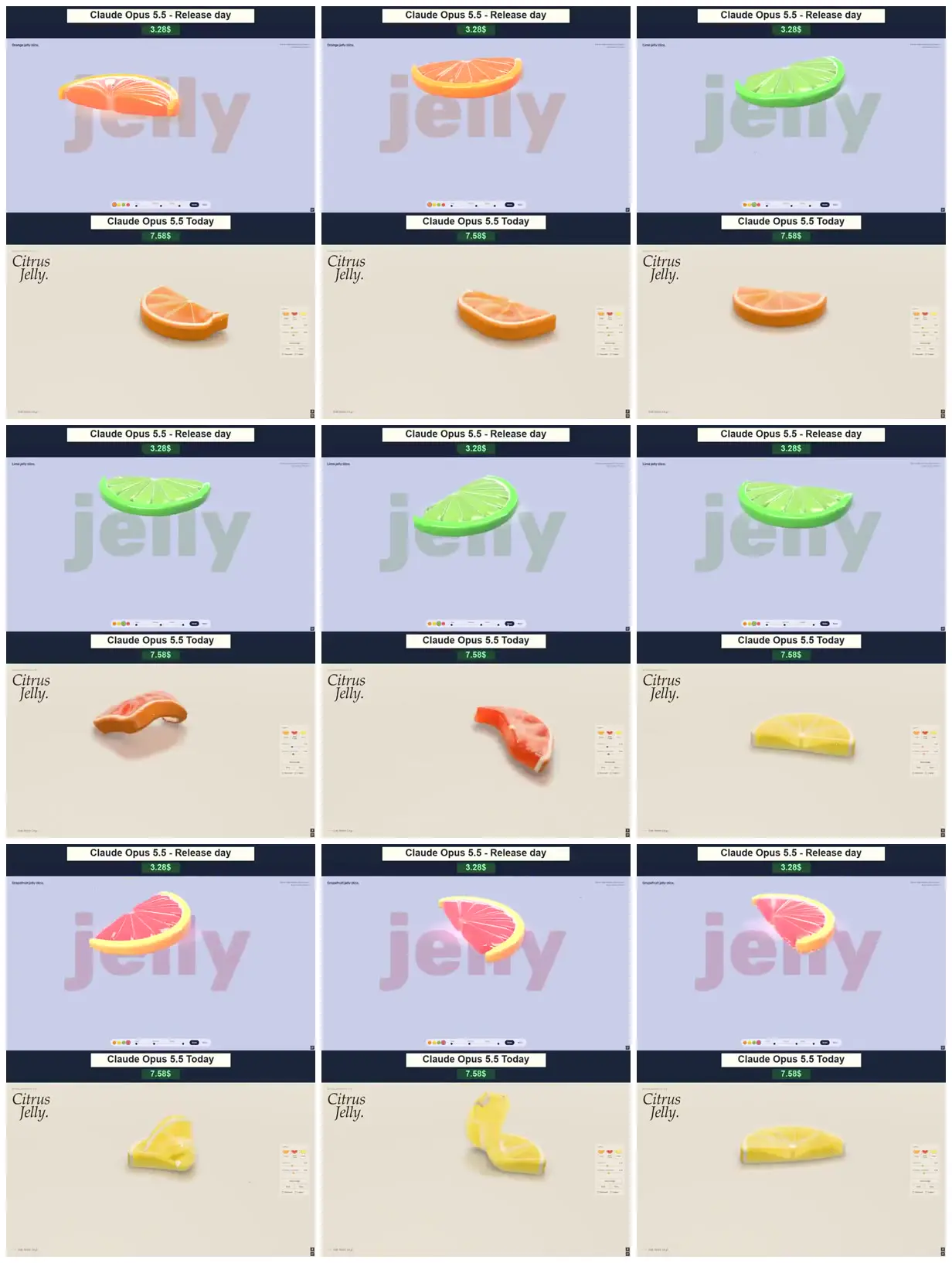 Nine frames from across Gummy citrus slices on a cream stage