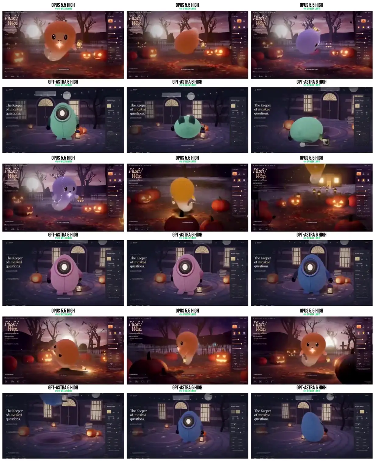 Nine frames from across Halloween plushies in moonlit sets