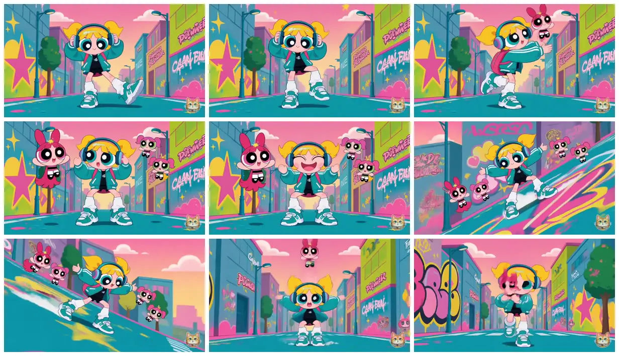 Nine frames from across Headphone girl on a graffiti street