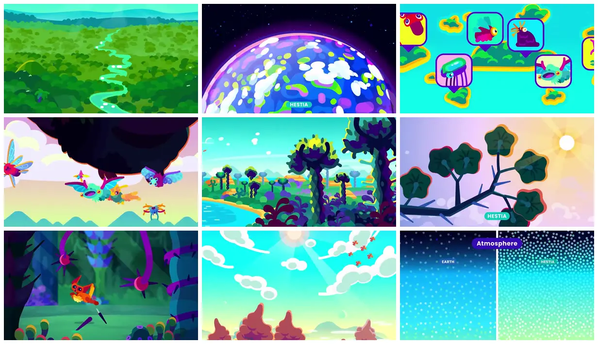 Nine frames from across Hestia’s alien ecosystems
