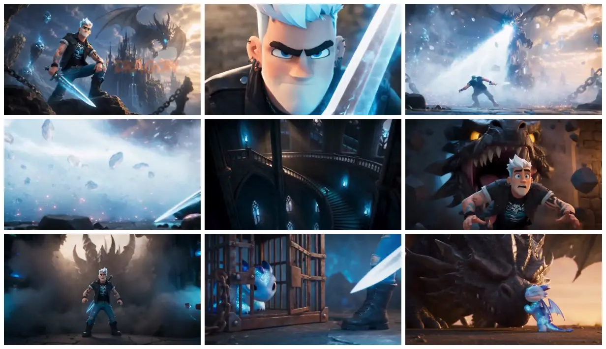 Nine frames from across Ice-haired hero and captive dragon