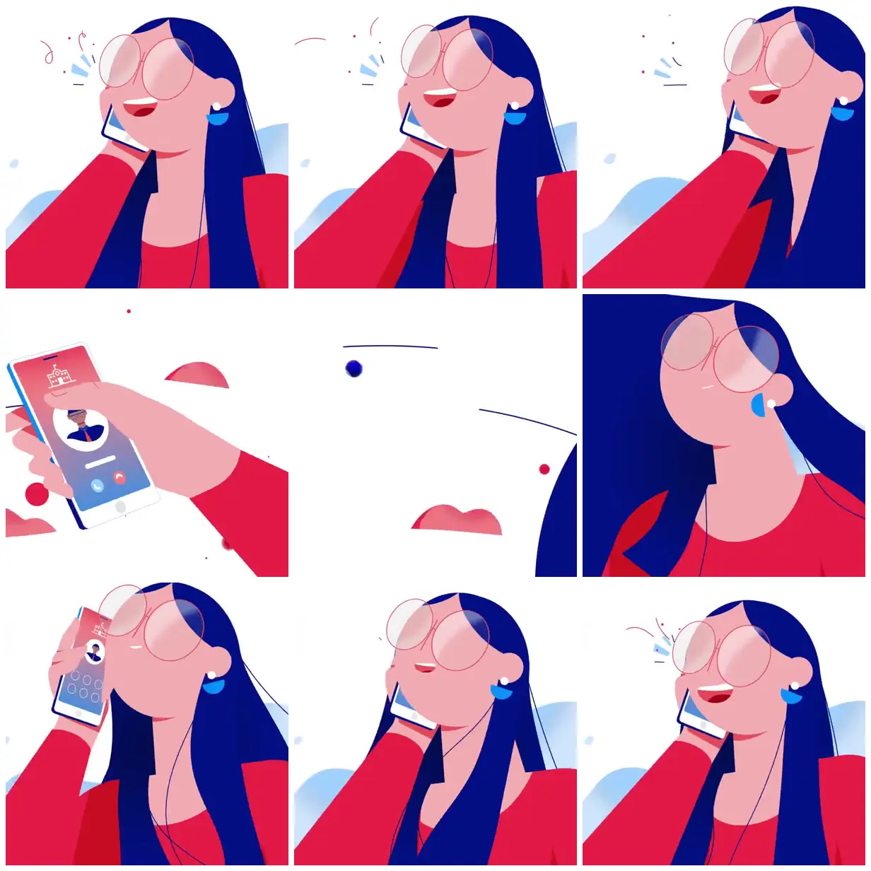 Nine frames from across Illustrated woman taking a phone call