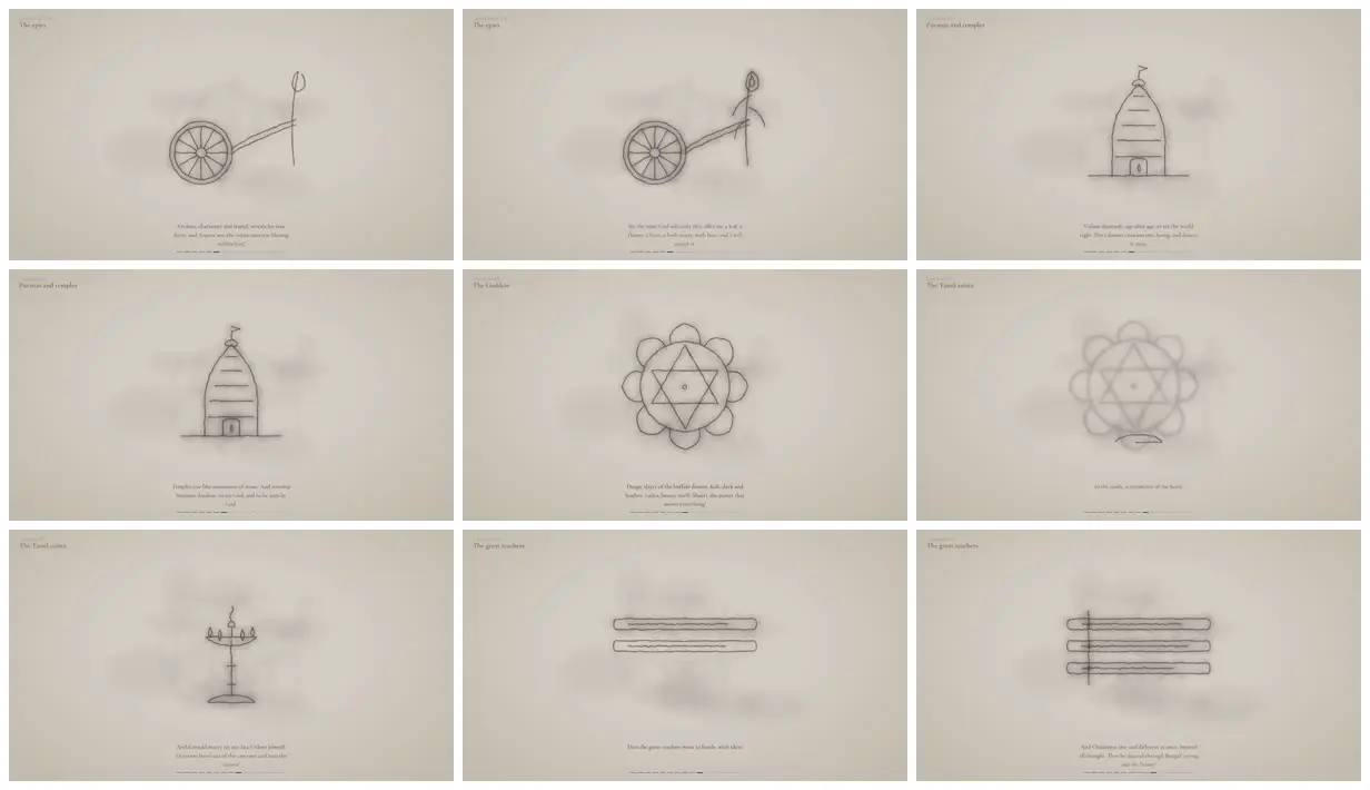 Nine frames from across Indian spirituality in charcoal symbols