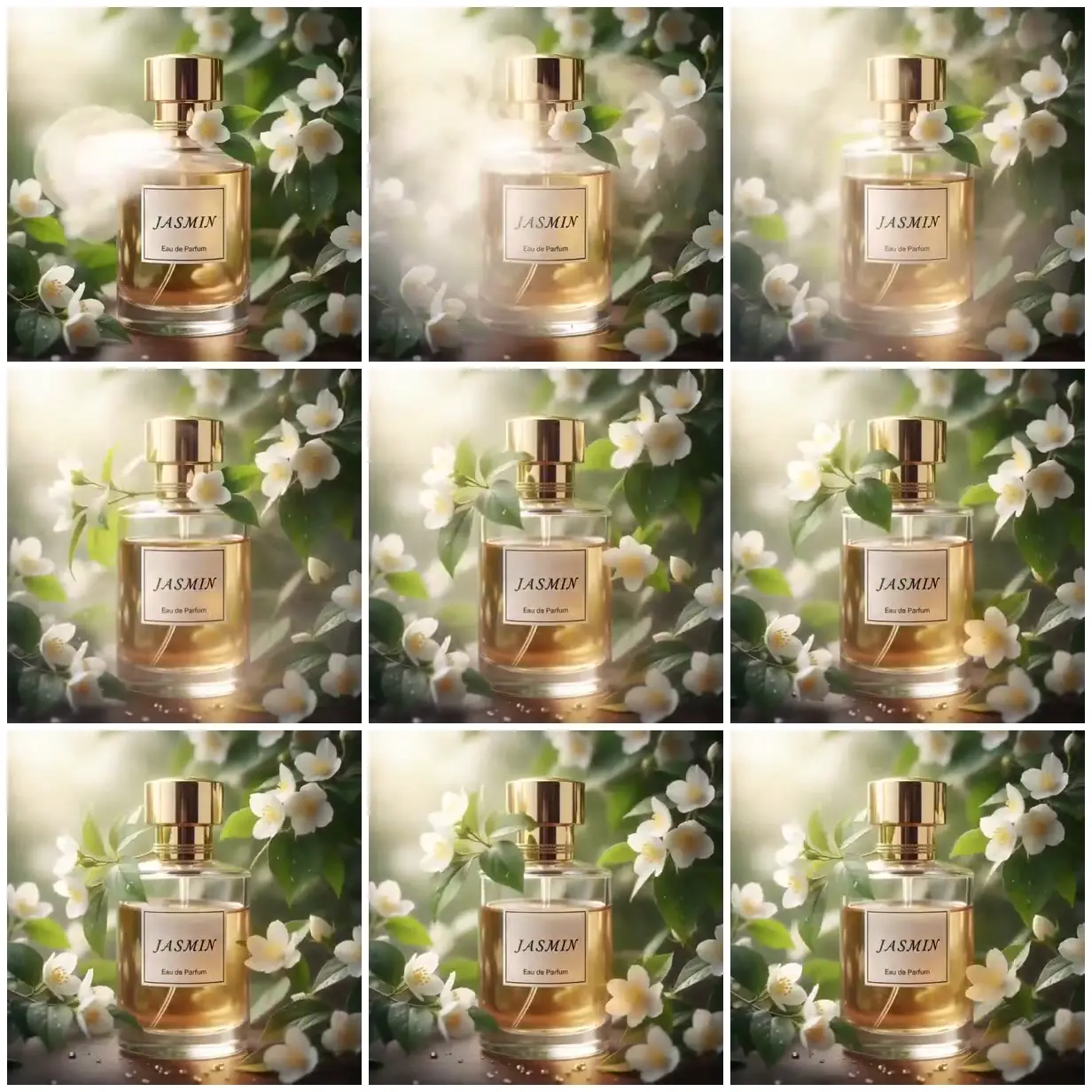 Nine frames from across Jasmin perfume among white blossoms