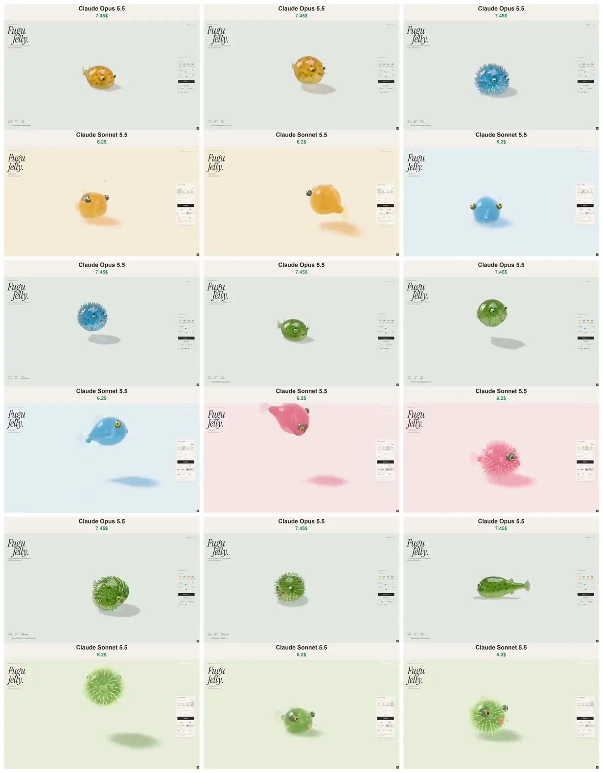 Nine frames from across Jelly pufferfish in pastel settings