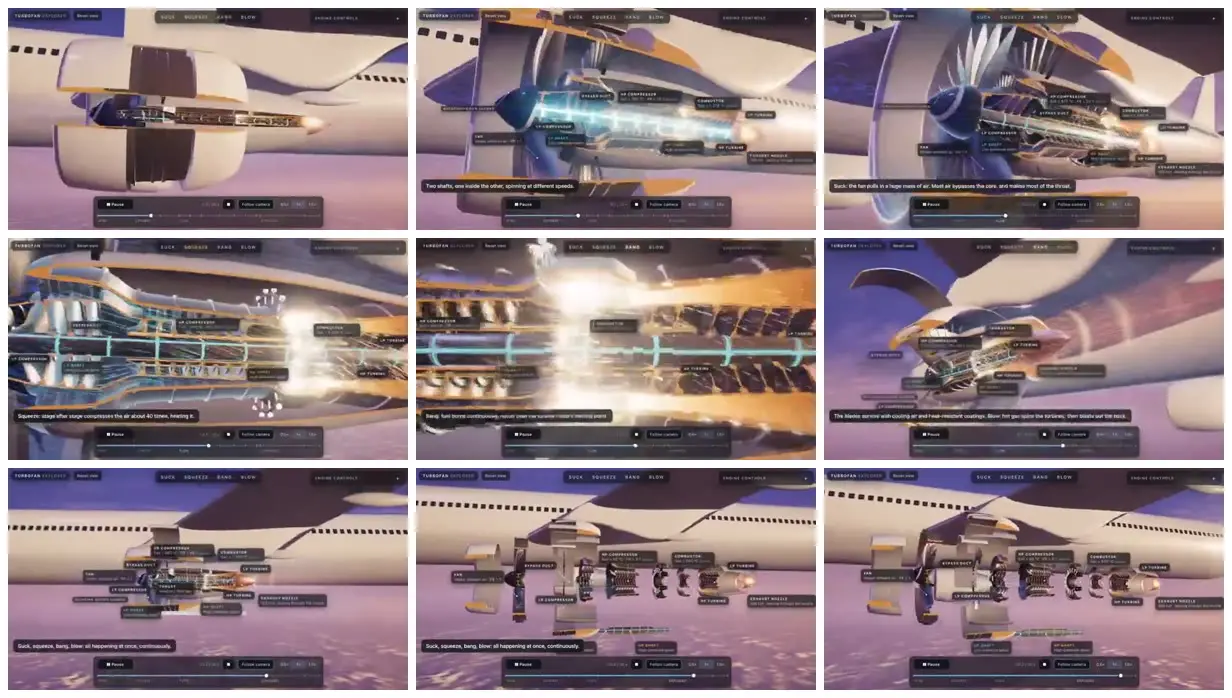 Nine frames from across Jet engine cutaway and exploded assembly