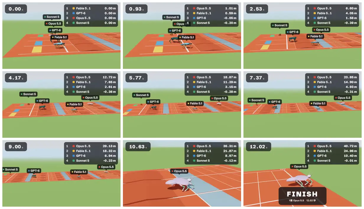 Nine frames from across Jointed creatures on an obstacle track