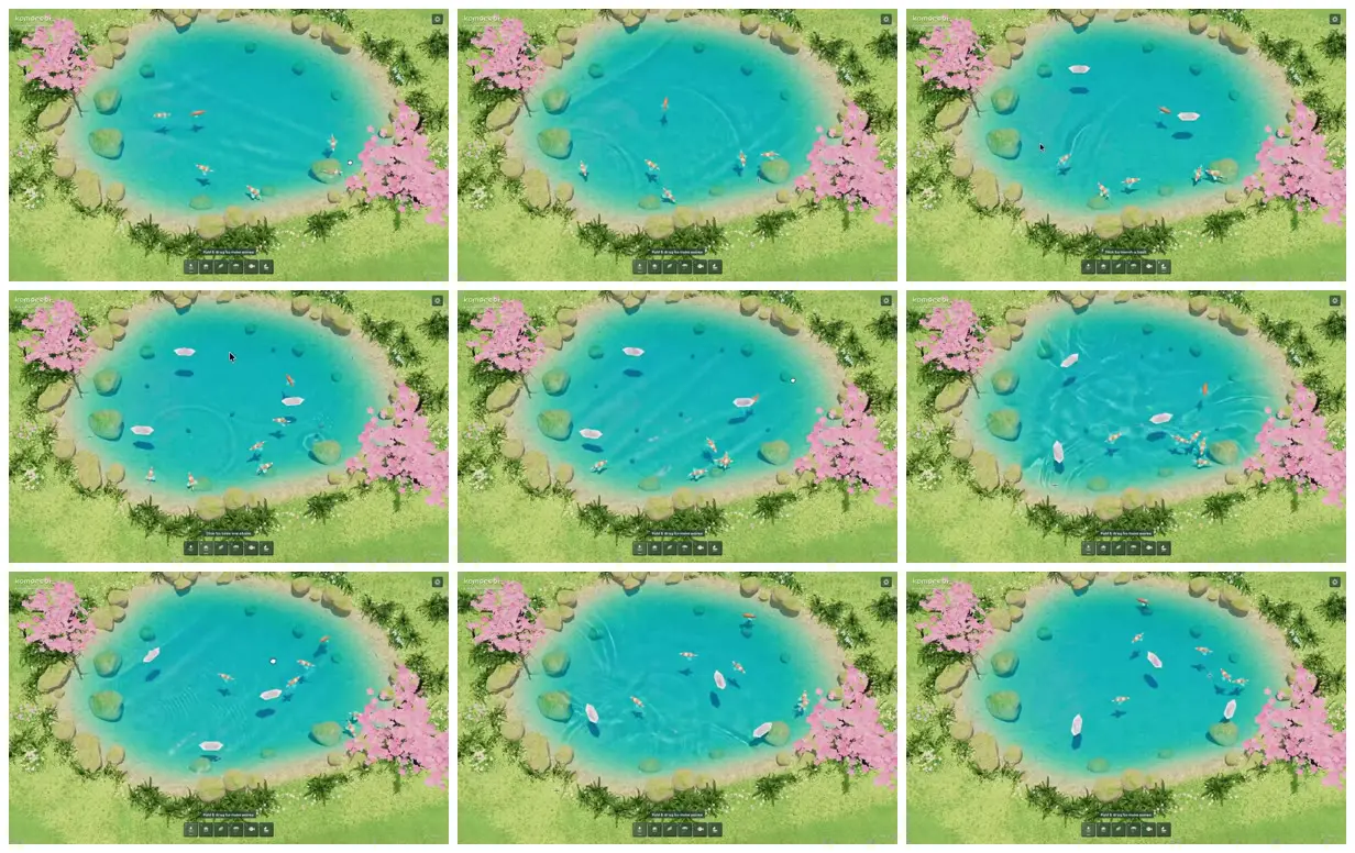 Nine frames from across Koi pond beneath pink blossoms
