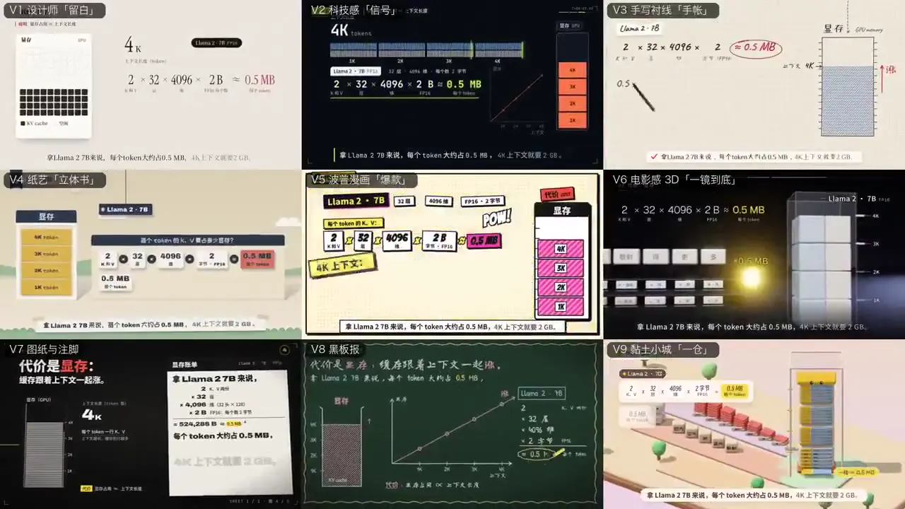 Frame from KV cache in nine visual styles
