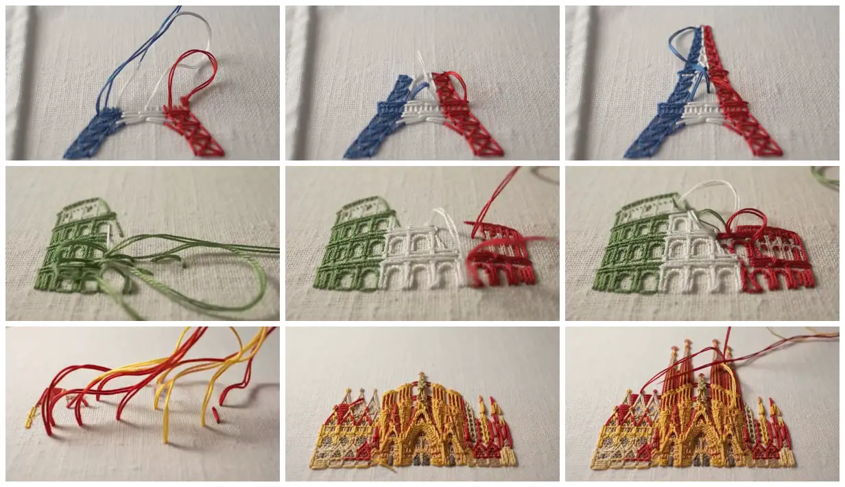 Nine frames from across Landmarks in colored embroidery