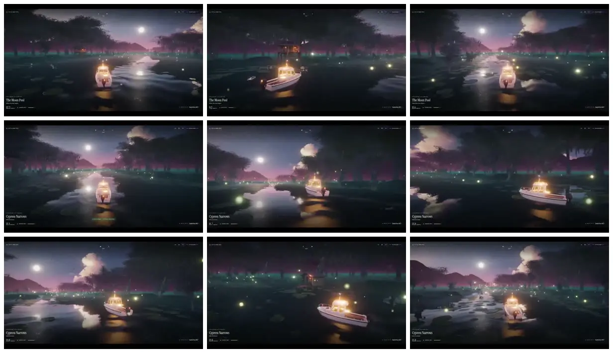 Nine frames from across Lantern boat in a moonlit swamp