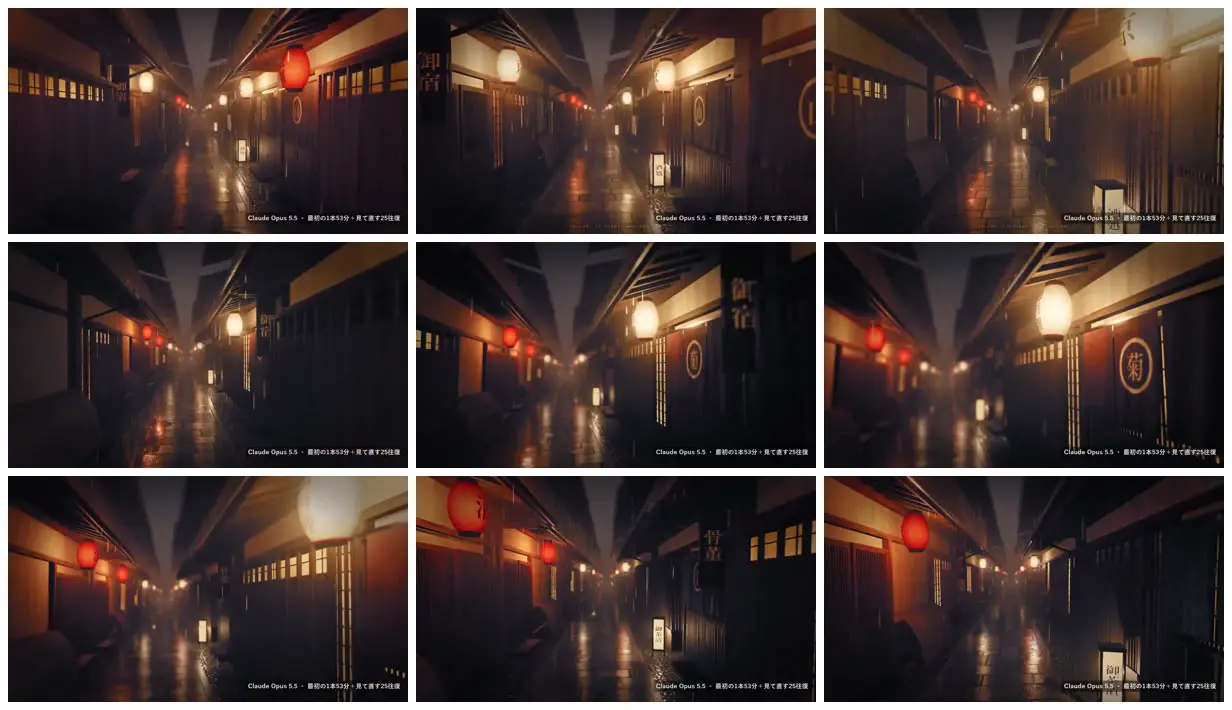 Nine frames from across Lantern-lit Kyoto alley in rain