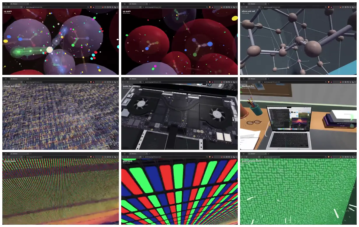 Nine frames from across Laptop circuitry, atoms and quarks