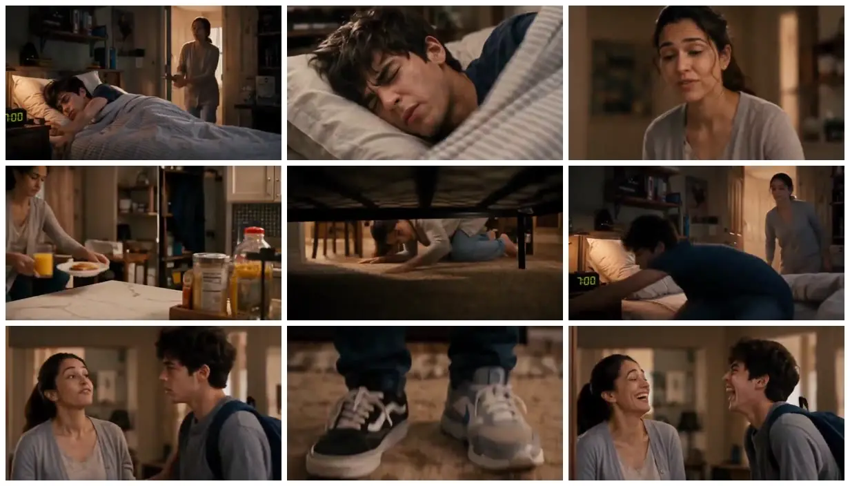Nine frames from across Late for school in mismatched shoes