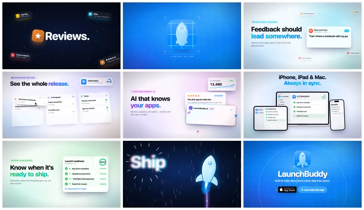 Nine frames from across LaunchBuddy cards and rocket