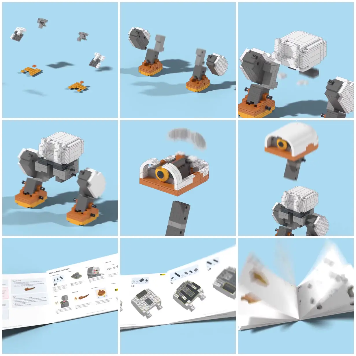 Nine frames from across LEGO Microduck assembly and booklet