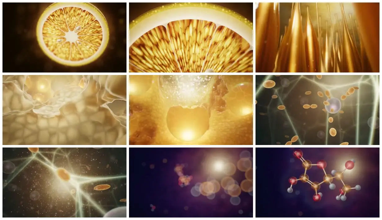 Nine frames from across Lemon flesh and molecular structures