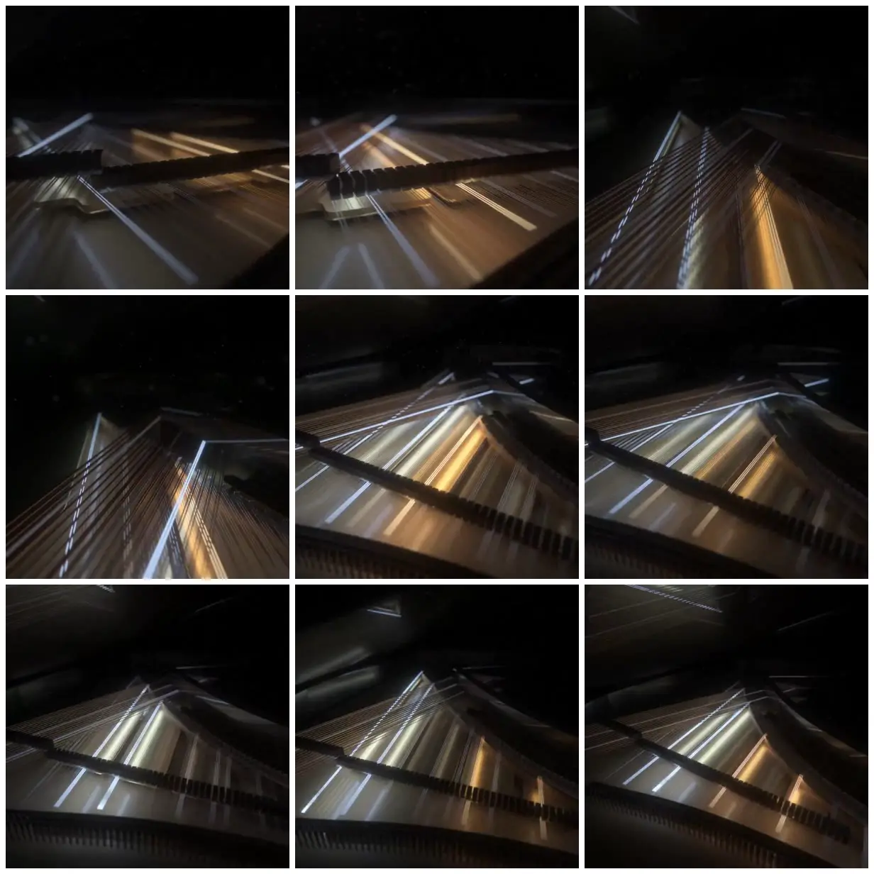 Nine frames from across Light inside a grand piano