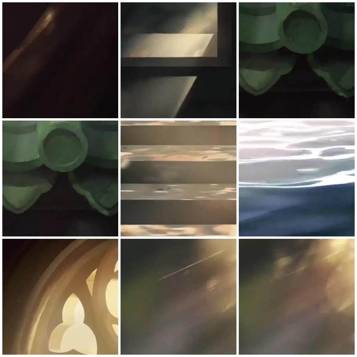 Nine frames from across Light through ornamental windows