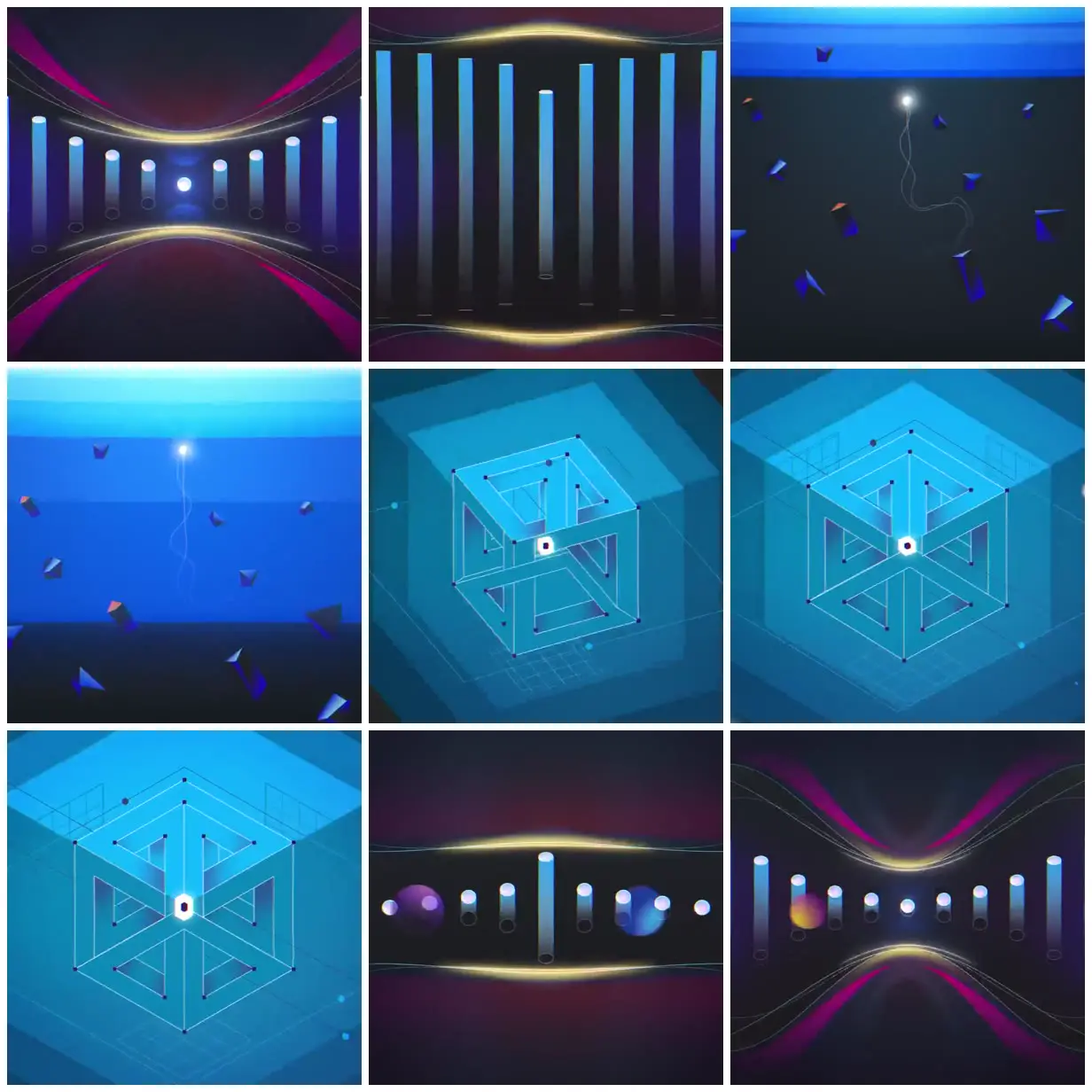 Nine frames from across Luminous columns and isometric networks