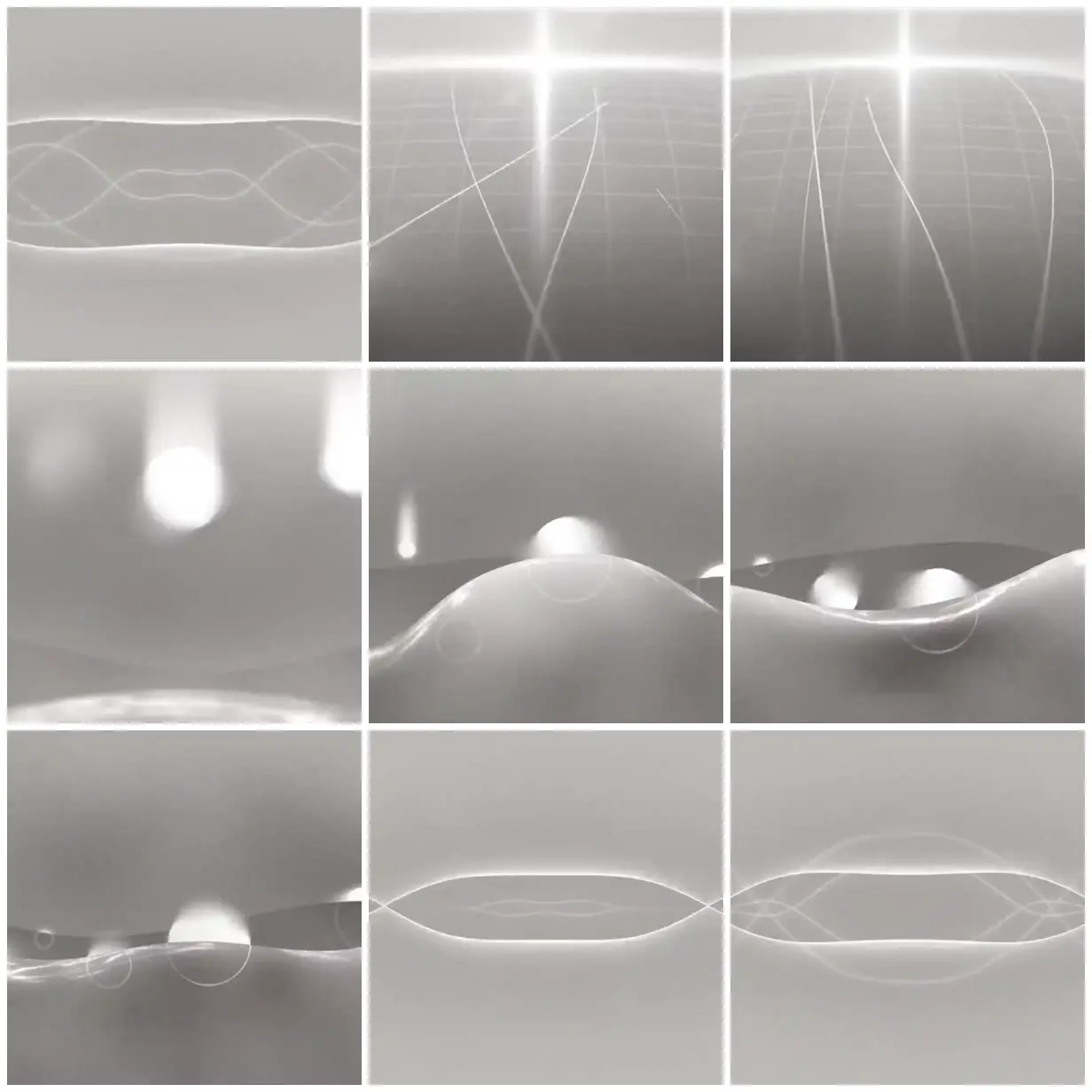 Nine frames from across Luminous curves and translucent waves