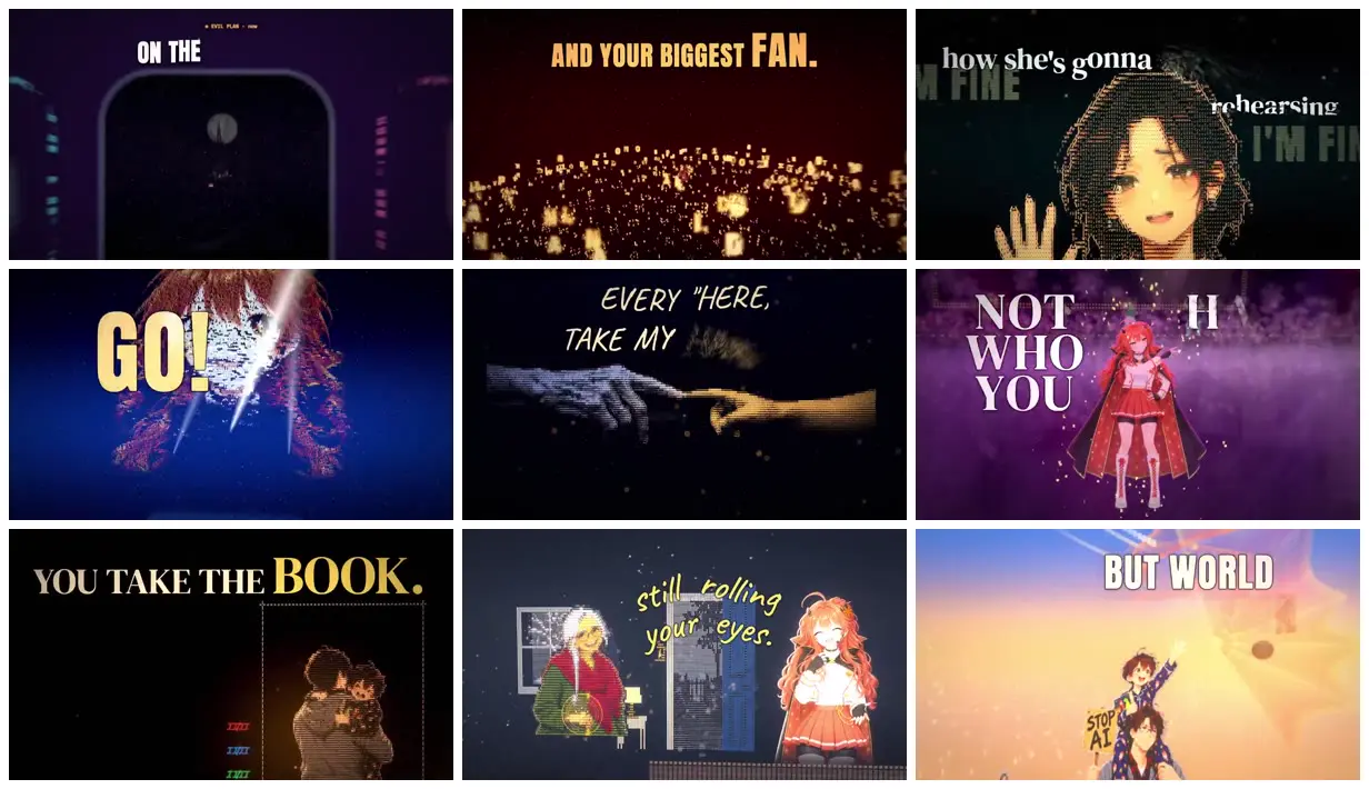 Nine frames from across Lyric tableaux with text-textured figures