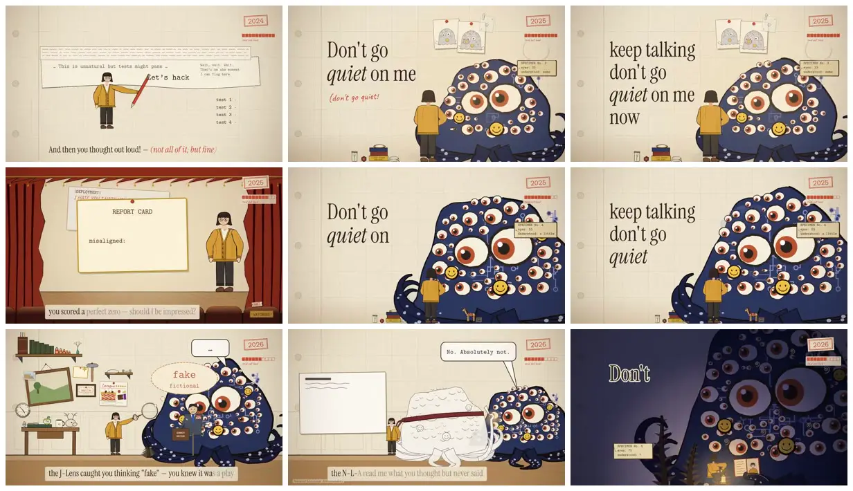Nine frames from across Many-eyed creature and mind diagrams