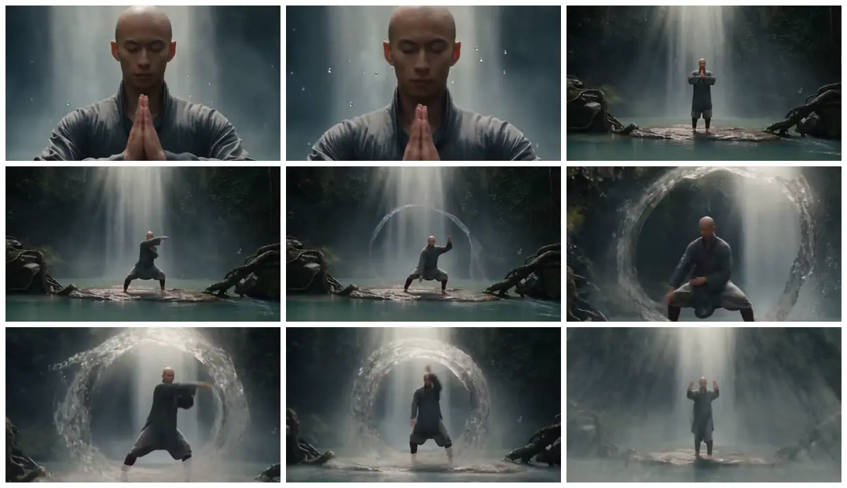 Nine frames from across Martial artist inside a water ring