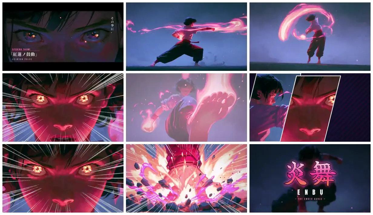 Nine frames from across Martial artist with painted flames