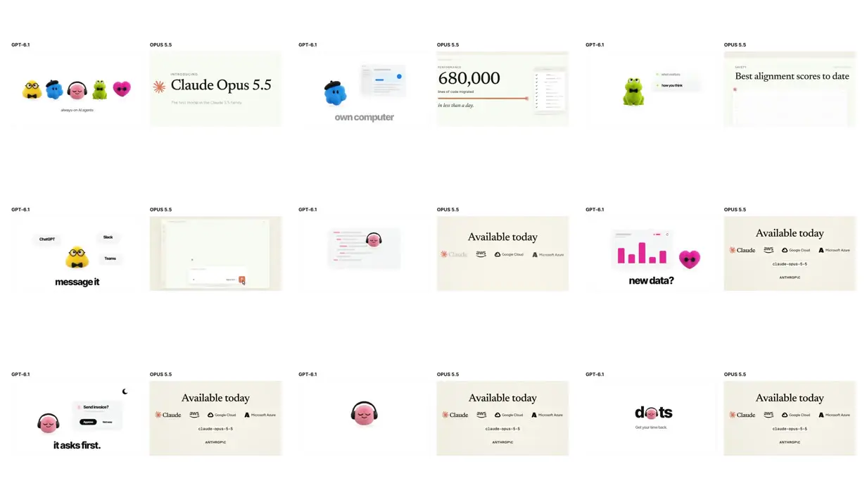Nine frames from across Mascots and serif product launch cards