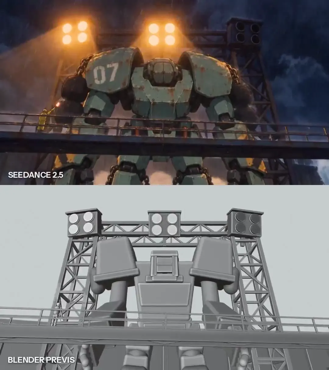 Frame from Mech pilot in a storm-lit cockpit