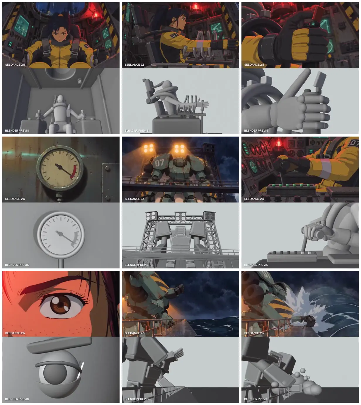 Nine frames from across Mech pilot in a storm-lit cockpit