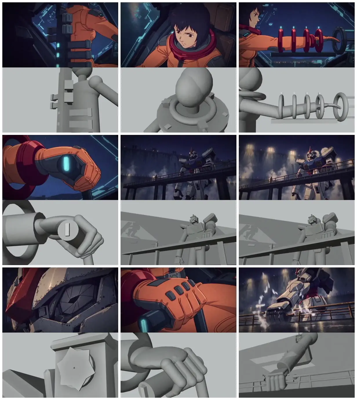 Nine frames from across Mecha pilot in an industrial hangar
