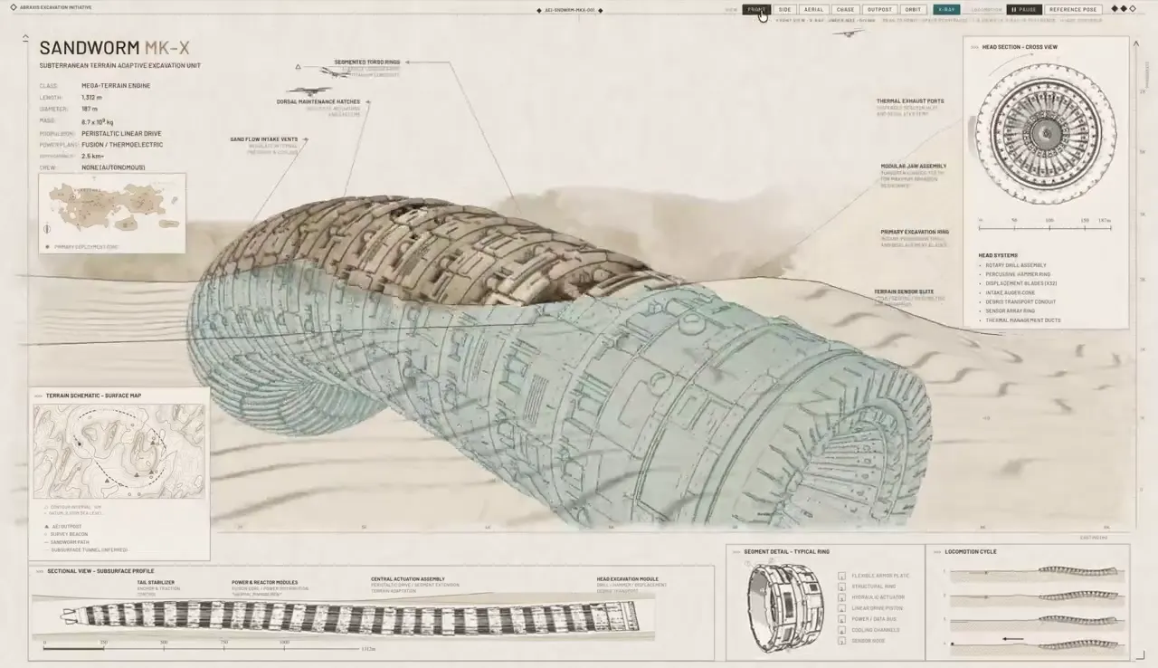 Frame from Mechanical sandworm in a desert dossier