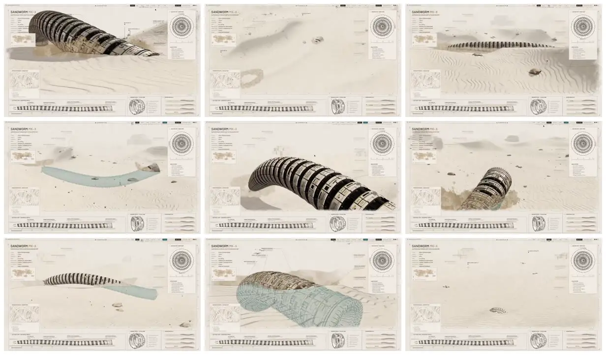 Nine frames from across Mechanical sandworm in a desert dossier